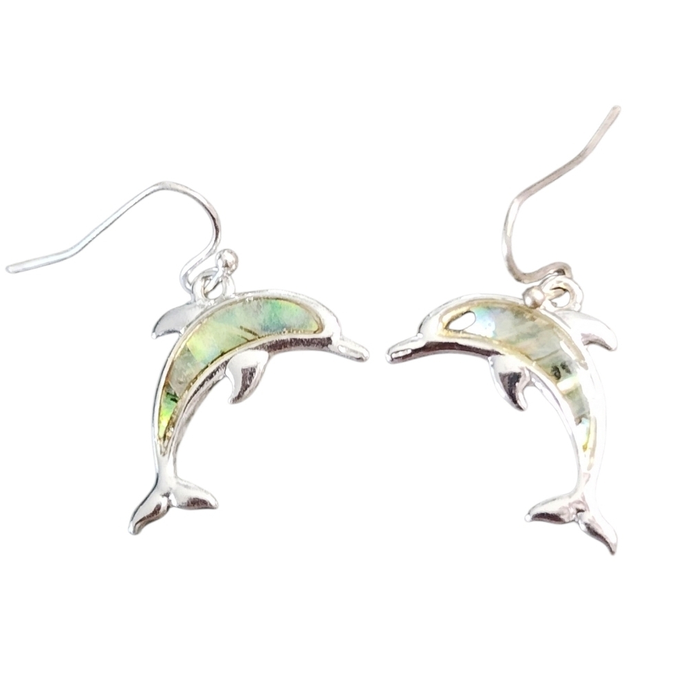 Silvertone Dolphin Drop Earrings with Abalone Shell Inlay
